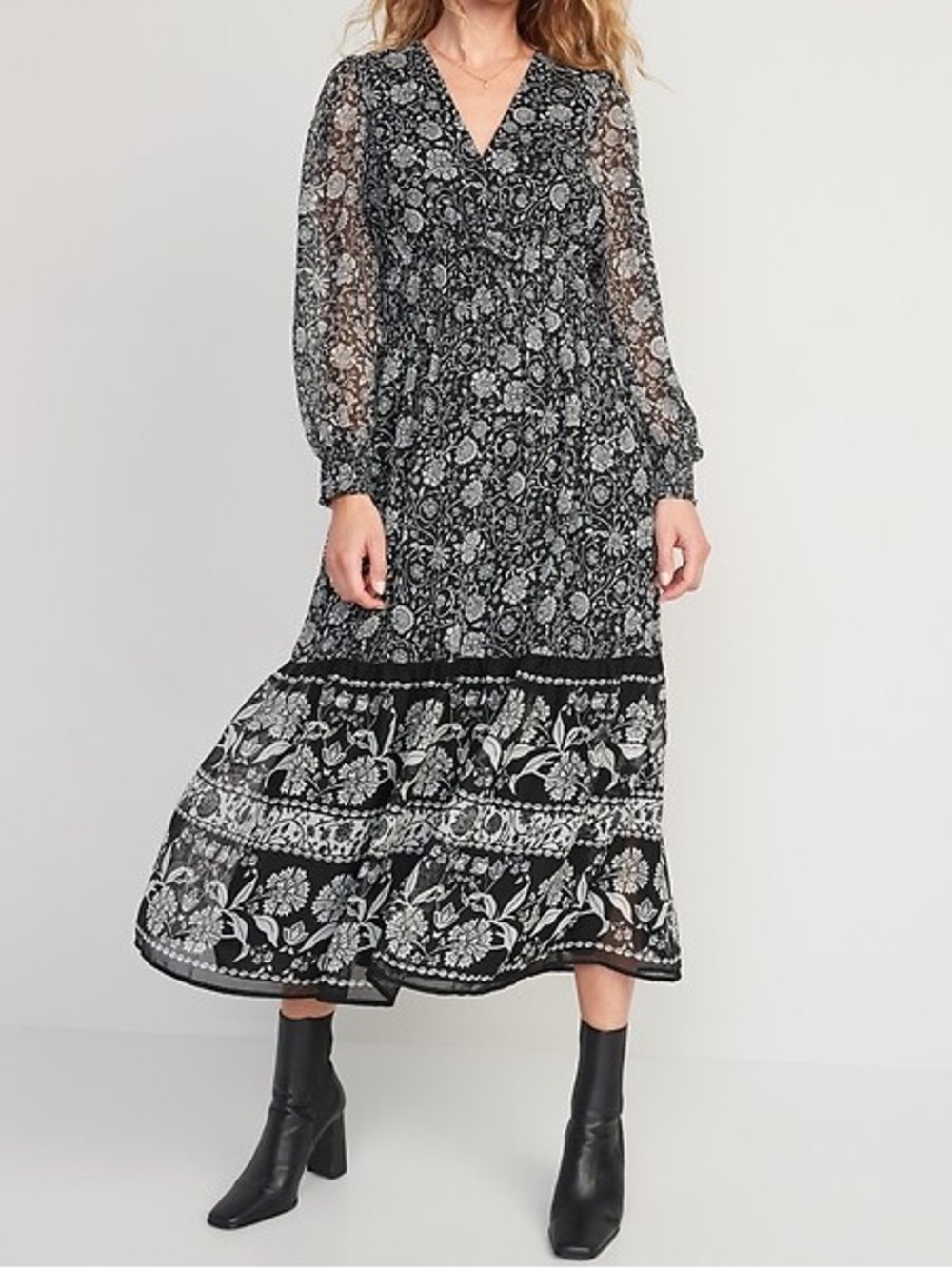 Old Navy Waist-Defined Black and White Floral Print Smocked Tie-Front Maxi Dress